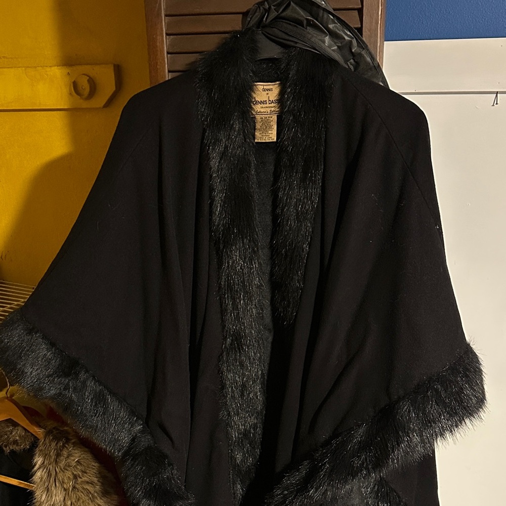 Dennis Basso Black Cape with Faux Fur Trim